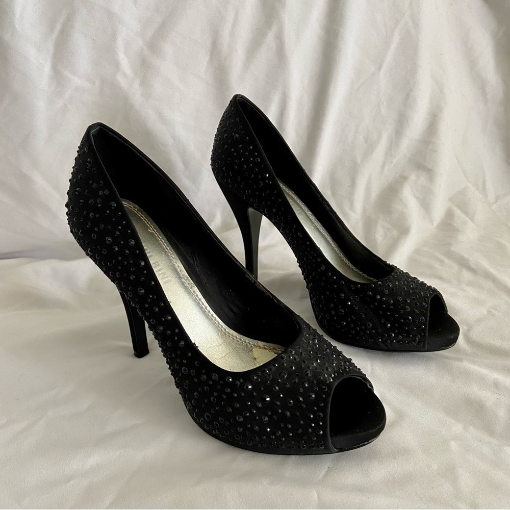 Satin Peep Toe Pumps w/Rhinestones